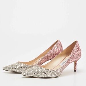 Jimmy Choo Pink/Silver Coarse Glitter Romy Pointed Toe Pumps, US 9